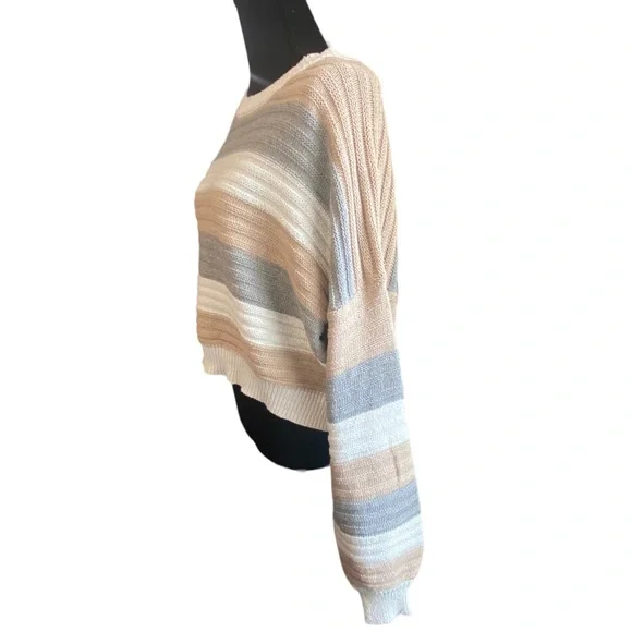 🌟🔥 BOGO Sale🔥🌟 Dreamers by Debut Tan/Grey/White Crew Neck Cropped Knit Sweater - Picture 3 of 8